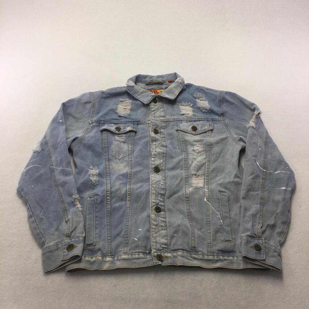 Rolling Paper Jacket Mens Large Blue Denim Distressed Paint Splatter Bomber